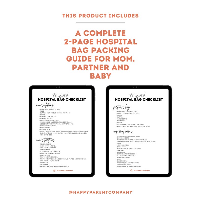 May include: A digital checklist for packing a hospital bag for a new parent. The checklist is divided into two sections: "Mom's Clothing" and "Partner's Bag". The checklist includes items such as pajamas, slippers, toiletries, and phone chargers.