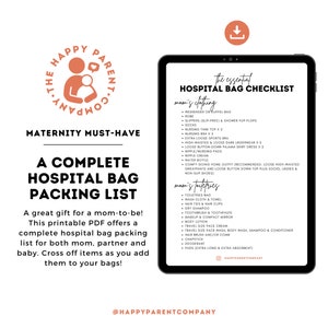 May include: A printable checklist for a hospital bag, with a pink and white illustration of a parent holding a baby. The checklist is titled "The Essential Hospital Bag Checklist" and includes sections for "Mom's Clothing" and "Mom's Toiletries".