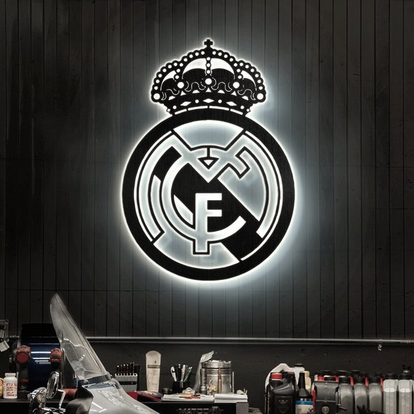 Real Madrid Metal Sign With LED Light, Wall Art, Real Madrid Lovers Unique Gift, Real Fans Gift, Real Madrid Metal Logos Sign, Easy to Hang