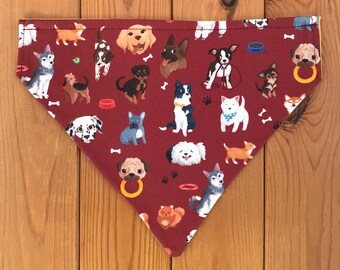 Patterned Burgundy Dog Bandana/Neckerchief Illustrated Cotton Fabric