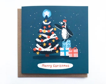 Merry Christmas Penguin Decorating Tree Card, Original Design