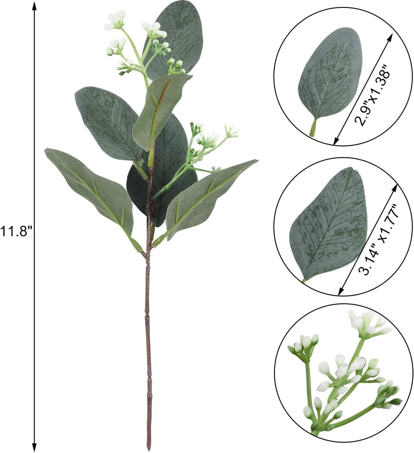 20pcs Artificial Eucalyptus Leaves Stems With White Seeds Short Silver