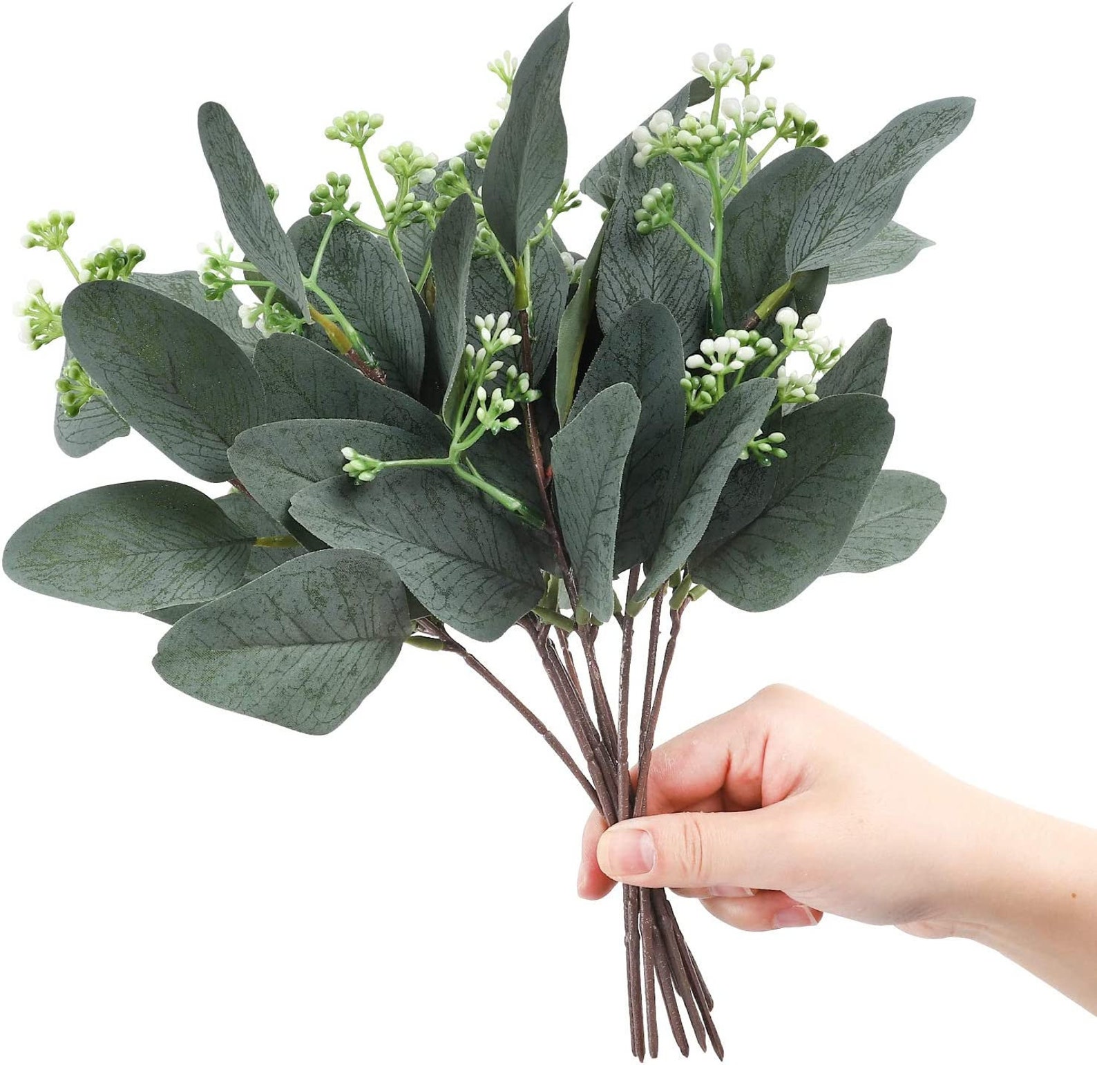 20pcs Artificial Eucalyptus Leaves Stems With White Seeds Short Silver