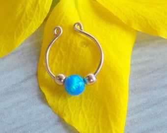 Blue Opal Fake Septum  Gold filled Nose Ring Hoop Clip On Piercing