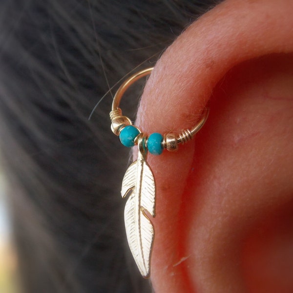 Tribal feather cartilage earring piercing, silver feather cartilage piercing, helix piercing jewelry, gold filled feather piercing