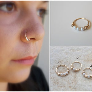 Thin gold filled or silver swarovski pearl nose ring