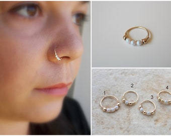 Thin gold filled or silver swarovski pearl nose ring