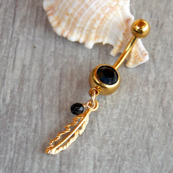 Gold belly button ring, handmade feather belly button piercing, boho chic navel ring, feather belly piercing, onyx navel piercing