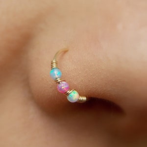 Small Nose Hoop - Nostril hoop - nose jewelry - nose piercing - OPAL beads - beaded nose ring - silver nose ring - gold filled nose