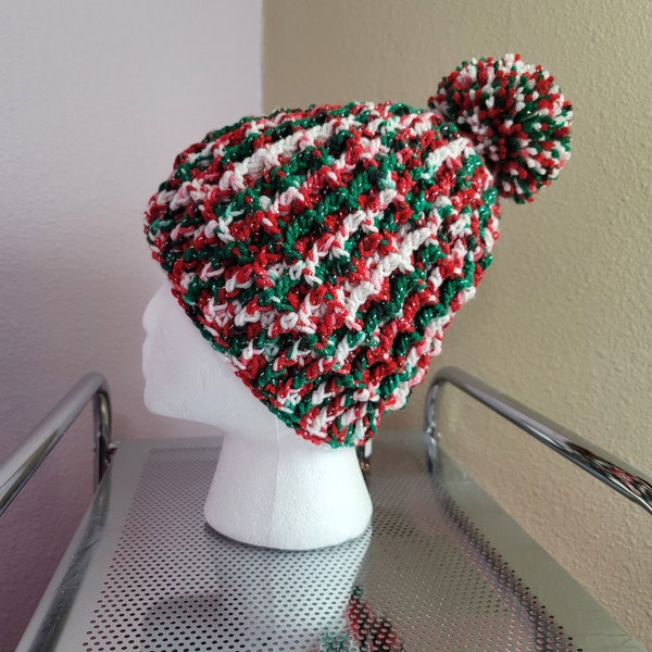 HAT/Peppermint New Favorite Hat/Christmas Holiday Handmade Adult Hat/Green Red White Christmas Beanie/Crochet Christmas Hat/Holiday Clothes