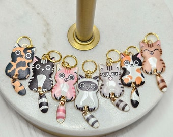 STITCH MARKERS/Cat Tails Stitch Markers/Kawaii Cute Cat Charms/Cat Stitch Markers/Moveable Tail/Cat Dangling Tail Charms/Calico Siamese Cat