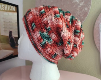 SLOUCHY HAT/Strawberry Watermelon Puffy Ridges Slouchy Hat/Red Pink Green Hand Dyed Handmade Adult Slouchy Hat/Adult Wool Hat/Christmas Hat