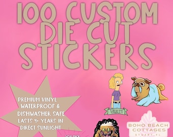 100 calcomanías troqueladas personalizadas, calcomanías a granel, calcomanías y calcomanías personalizadas con laminación BRILLANTE o MATE, prueba GRATUITA antes de imprimir