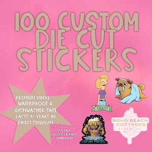 Puede incluir: 100 pegatinas personalizadas troqueladas de vinilo de primera calidad. Las pegatinas son impermeables y aptas para lavavajillas. Est&aacute;n dise&ntilde;adas para durar m&aacute;s de 4 a&ntilde;os a la luz solar directa. Puedes elegir entre un acabado brillante o mate. La imagen muestra una variedad de pegatinas, incluyendo un pug de dibujos animados, un monstruo y un cartel que dice "What?"