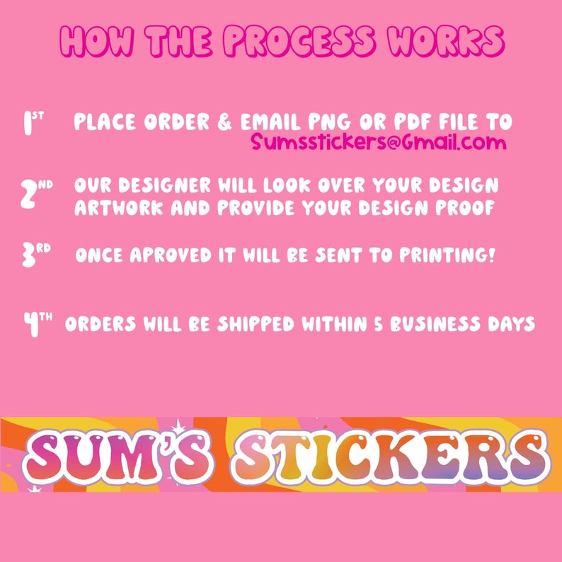 Puede incluir: Un fondo rosa con texto blanco que describe los pasos para pedir pegatinas personalizadas. El texto dice: "HOW THE PROCESS WORKS 1ST PLACE ORDER & EMAIL PNG OR PDF FILE TO Sumsstickers@Gmail.com 2ND OUR DESIGNER WILL LOOK OVER YOUR DESIGN ARTWORK AND PROVIDE YOUR DESIGN PROOF 3RD ONCE APPROVED IT WILL BE SENT TO PRINTING! 4TH ORDERS WILL BE SHIPPED WITHIN 5 BUSINESS DAYS". En la parte inferior de la imagen hay una pancarta con el texto "SUM'S STICKERS" en una fuente colorida.