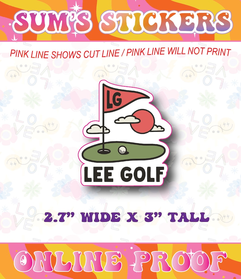 Puede incluir: Una pegatina rosa y verde con una escena de campo de golf. La pegatina presenta una bandera de golf con las letras "LG" en ella, una bola de golf, un campo de golf verde, un sol rojo y nubes. El texto "LEE GOLF" est&aacute; impreso en la pegatina. La pegatina tiene 2,7 pulgadas de ancho y 3 pulgadas de alto.