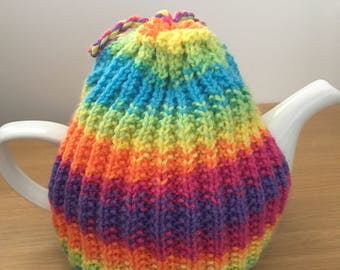 Small  bright handknitted Tea Cosy, rainbow teapot cover, jazzy tea cozy, tea drinkers gift, house warming new house gift, handmade