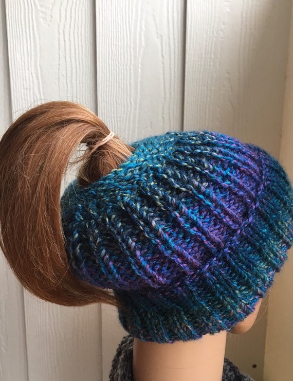 Teal And Purple Ponytail Hat For Long Hair Chunky Messy Bun Etsy