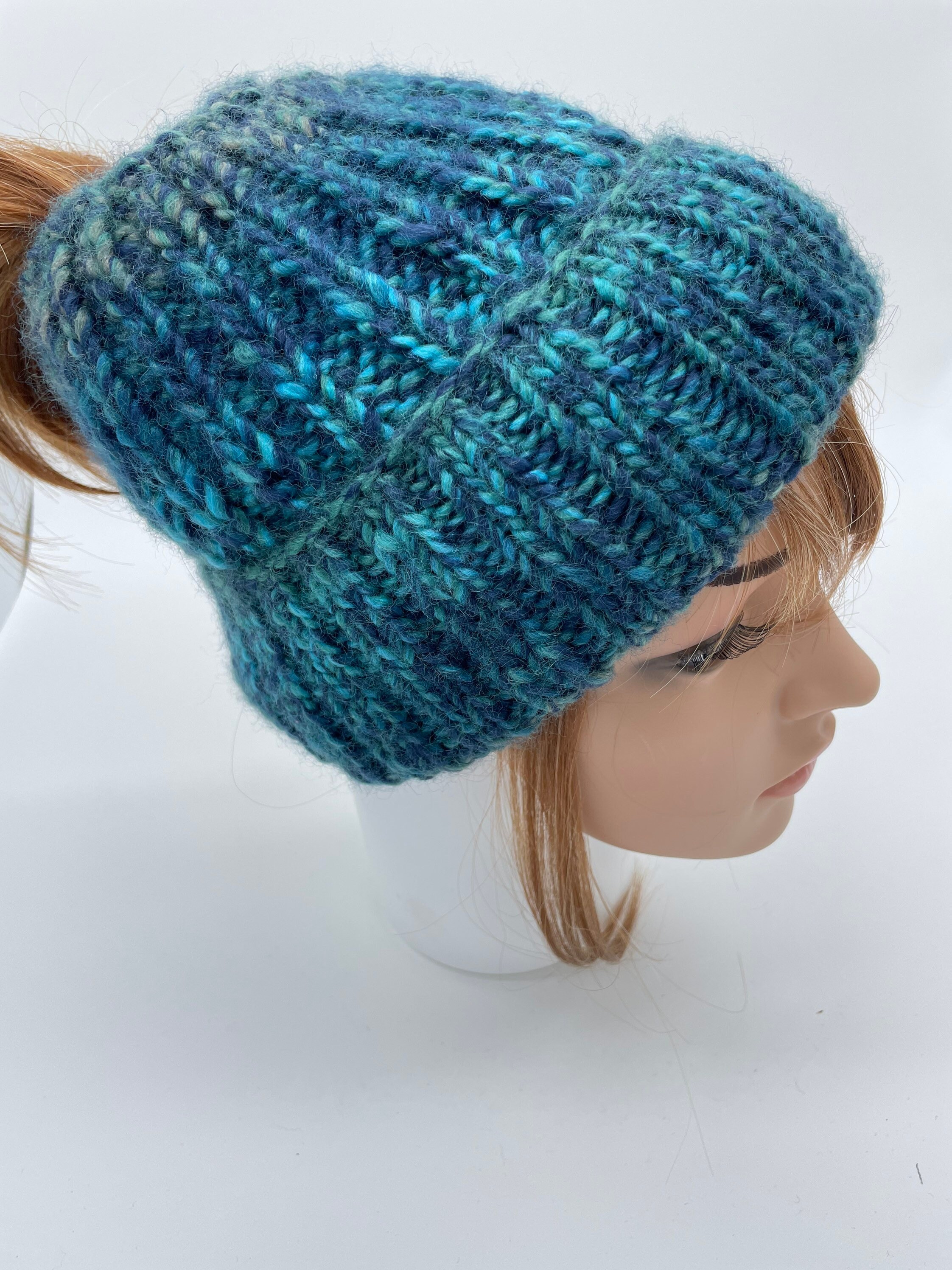 Teal Ponytail Hat for Long Hair Chunky 