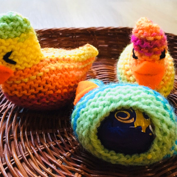 3 Bright rainbow knitted Easter chicks, quirky creme egg holders, easter egg hunt cover for cream egg, Easter wedding favours, teacher gift