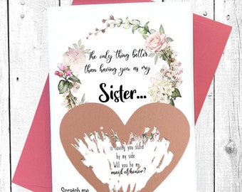 Sister Maid of honor Card, Sister Bridesmaid Card, Scratch off Card, Will you be my Maid of honor, Rose Gold Heart Maid of honor Invitation