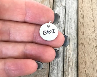 Custom initials with heart disc, Hand stamped round monogram pendant, Charm with the letters of your choice, Add on charm, Boyfriend gift,