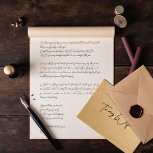 Può includere: Una pergamena color crema con testo scritto a mano in corsivo nero, una penna stilografica nera e una busta beige con un sigillo di ceralacca rosso scuro. La busta reca la scritta To my Wife in inchiostro nero, con due bastoncini di ceralacca.