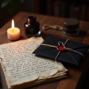 Op de afbeelding: Een stapel verouderd, crèmekleurig perkamentpapier met handgeschreven cursieve tekst, vergezeld van een zwarte envelop vastgebonden met touw en verzegeld met rode was, een donkere inktpot en een brandend wit waxinelichtje in een houder.