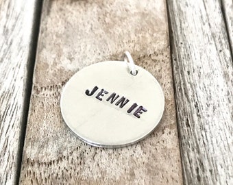 Name disc, Name pendant, Add a hand stamped name charm, Personalized charm, Custom silver name tag, Add on, Name disc jewelry, Kids name