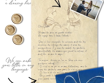 Handmade custom letter with photo portrait sketch drawing