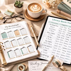 May include: A cozy desk setup featuring a reading journal, a "My Bookshelf Reading Challenge" notebook, and a digital "Library Book Tracker" tablet. A cup of coffee, glasses, and decorative items complete the scene. The notebook and tablet are open.