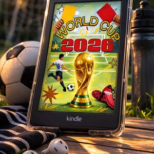 Peut inclure: Une liseuse Kindle affichant une illustration colorée de la Coupe du Monde 2026. L'image comprend un ballon de football, un trophée doré et un joueur de football. Un filet de football et une bouteille d'eau sont en arrière-plan.