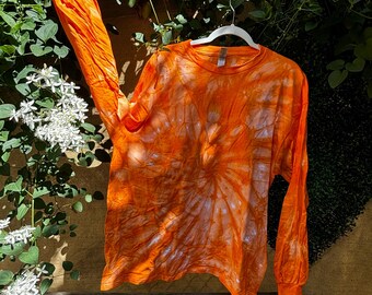 Orange Tie-Dye Long Sleeve Shirt, Gildan XL, Unisex Handmade Vibrant Fashion, Cozy Fall Style, Unique Streetwear