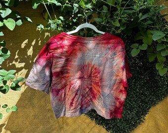 Champion Grey and Red Tie-Dye Crop Top, Large Size, Women&#39;s Vintage-Inspired Summer Tee, Handmade Dye, Festival Fashion, Streetwear