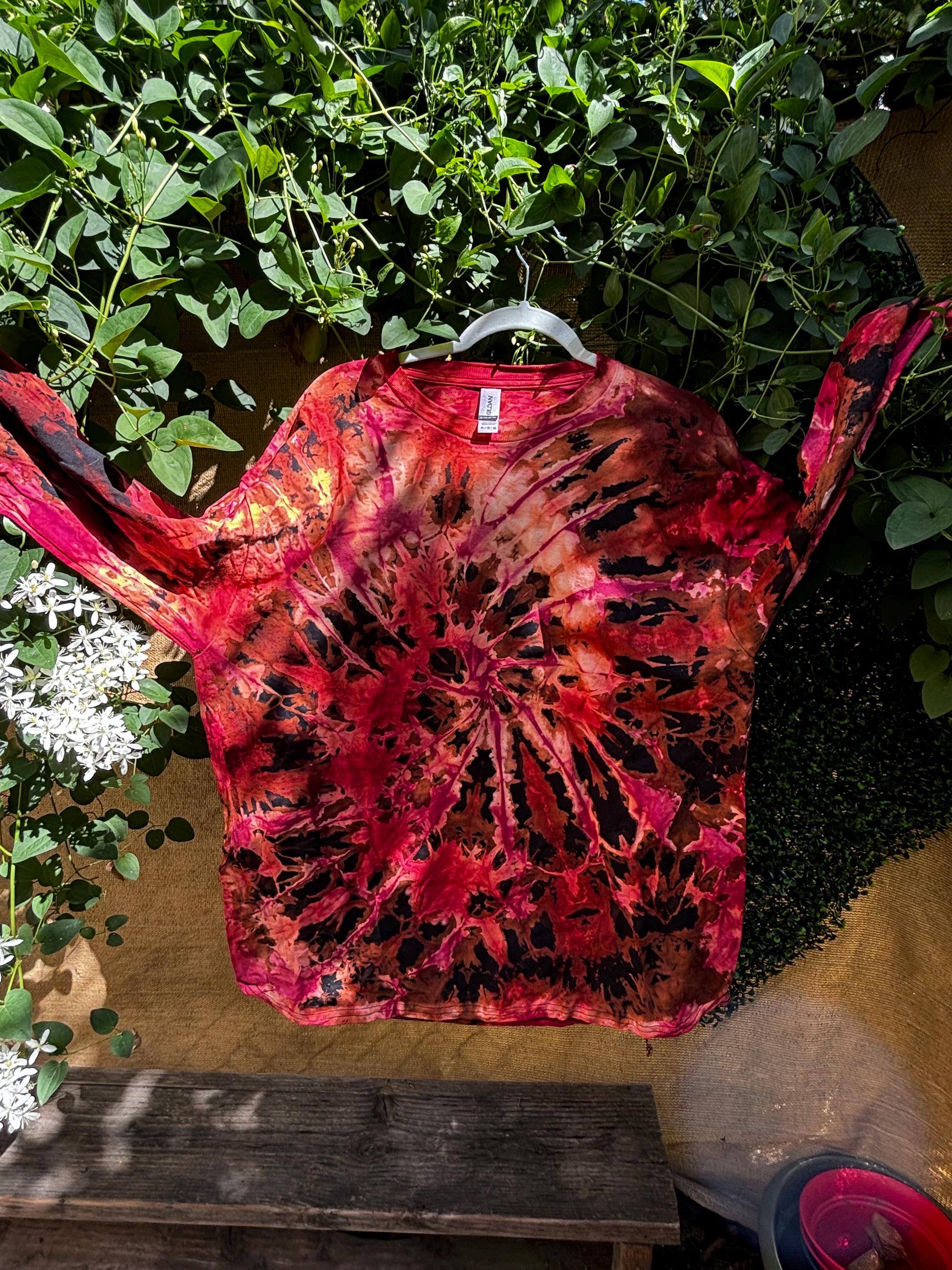 reverse tie dye, red tie dye sleeve shirt, gildan XL, unisex, grunge fashion, fall style, handmade tie dye, oversized shirt, streetwear