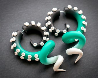 Teal octopus earrings, cthulhu fake gauges. Kraken ear plugs, tentacle gauges. Custom fake plugs, faux gauges