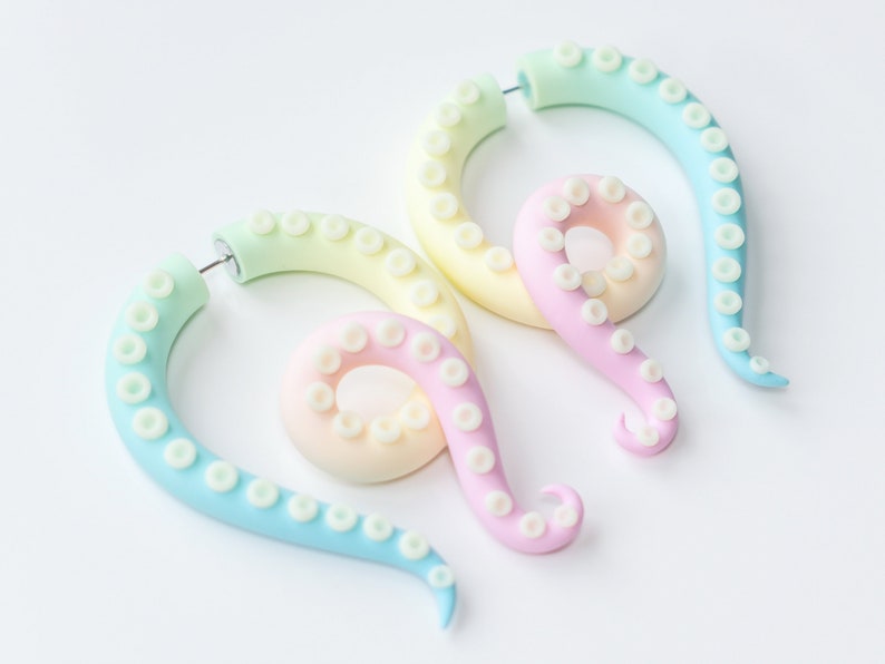 Pastel Rainbow Tentacle Earrings Fairy Kei Fake Gauges Yami Etsy