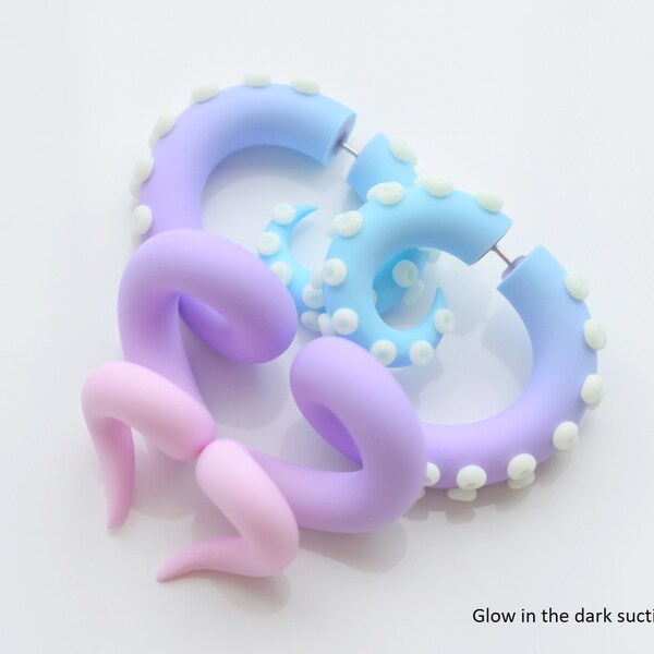 Pastel Goth Tentacle Earrings with Glow in the Dark suction cups, Menhera Fake Gauges, Yami Kawaii Octopus Earrings, Fairy Kei Accessories