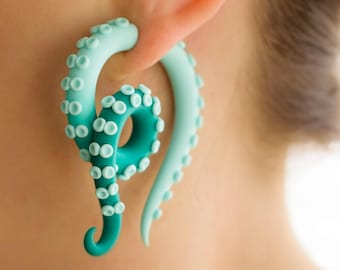 Mermaid ear gauges, fake plugs, fake gauge earrings. Tentacle gauges, octopus faux gauges. Disney earrings, ear plugs. Mermaid earrings