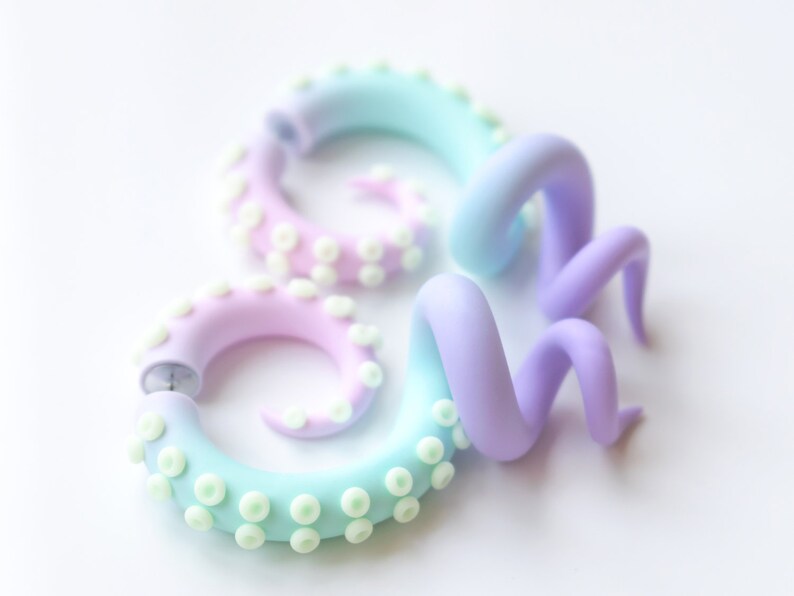 octopus earrings with glow in the dark suction cups yami kawaii earrings fairy kei fake plugs Pastel tentacle gauges