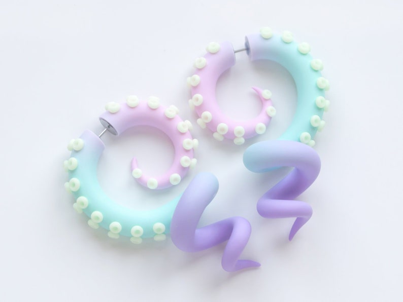 octopus earrings with glow in the dark suction cups yami kawaii earrings fairy kei fake plugs Pastel tentacle gauges