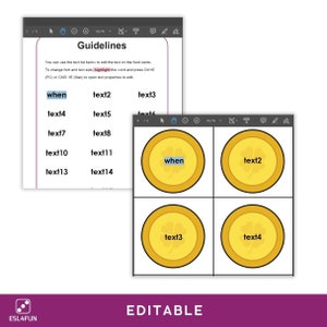 May include: Editable template for creating food cards. The template includes a list of text boxes labeled "when", "text2", "text3", "text4", "text5", "text7", "text8", "text10", "text11", "text13", and "text14". The template also includes four circular food cards with the text "when", "text2", "text3", and "text4".
