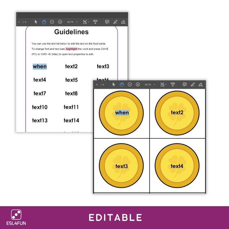 May include: Editable template for creating food cards. The template includes a list of text boxes labeled "when", "text2", "text3", "text4", "text5", "text7", "text8", "text10", "text11", "text13", and "text14". The template also includes four circular food cards with the text "when", "text2", "text3", and "text4".