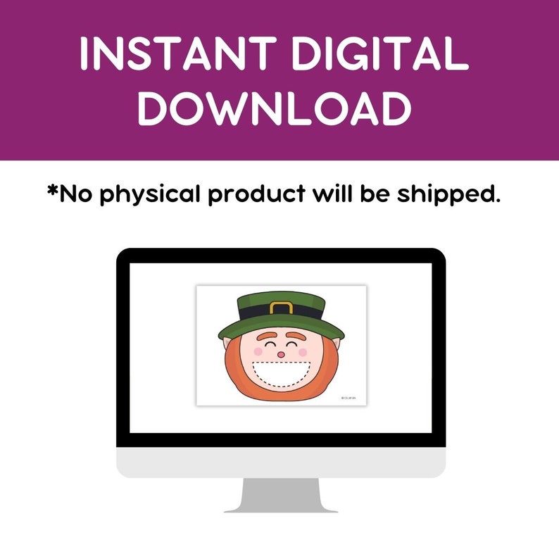 May include: A digital download of a printable leprechaun face craft. The leprechaun has a green hat, red hair, and a brown beard. The face is smiling and has a white mustache.