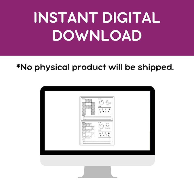 May include: Black and white printable worksheet with two sections. Each section has a grid with squares and circles. The top section has an apple and squirrel image. The bottom section has a beach ball and cat image. The text "INSTANT DIGITAL DOWNLOAD" is at the top of the image. The text "*No physical product will be shipped." is below the image.