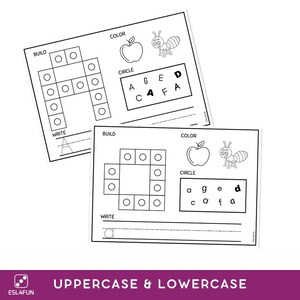 May include: Black and white printable worksheet with a build, colour, circle, and write section. The worksheet features an uppercase letter A and lowercase letter a. The worksheet is designed for children to practise uppercase and lowercase letters.