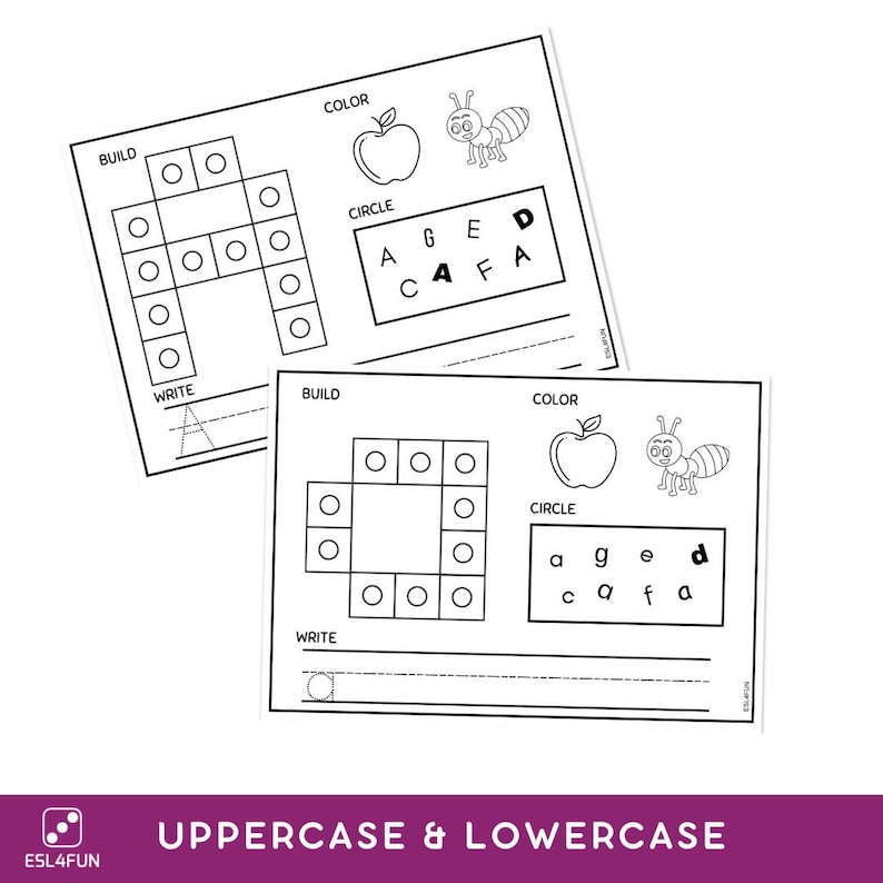 May include: Black and white printable worksheet with a build, colour, circle, and write section. The worksheet features an uppercase letter A and lowercase letter a. The worksheet is designed for children to practise uppercase and lowercase letters.