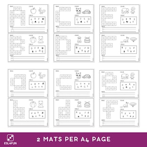 May include: A printable worksheet with six different activities for building and colouring. Each activity features a different image, such as an apple, a car, a beach ball, a drum, an elephant, and a fan. The worksheet includes instructions to build, colour, and write the letters of the alphabet.