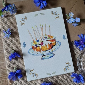 Carte anniversaire, birthday, gâteau de carotte, illustration Botanic, illustration vintage, printemps, carte postal fleur, A6,