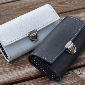 Cartera de cuero vegano, Cartera de mujer personalizada, Cartera de teléfono inteligente, Tela de muñecas, Billetera larga, Soporte para tarjeta de crédito, Organizador, Clutch